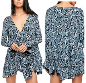 Free People M Blue Black Floral Olivia Jersey Knit Tunic Top Dress Boho Ruffled